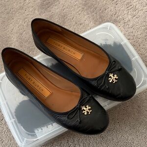 Tory Burch Black Flats with Gold Emblem